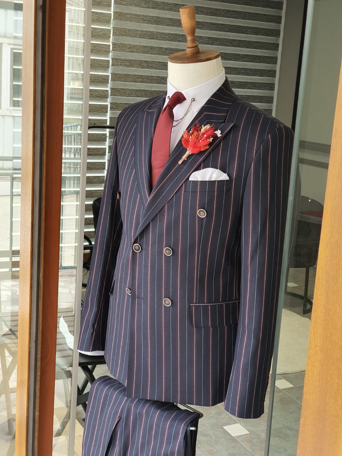 Boston Navy Blue Slim Fit Double Breasted Pinstripe Suit