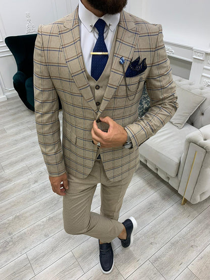 Olympia Cream Slim Fit Peak Lapel Plaid Suit