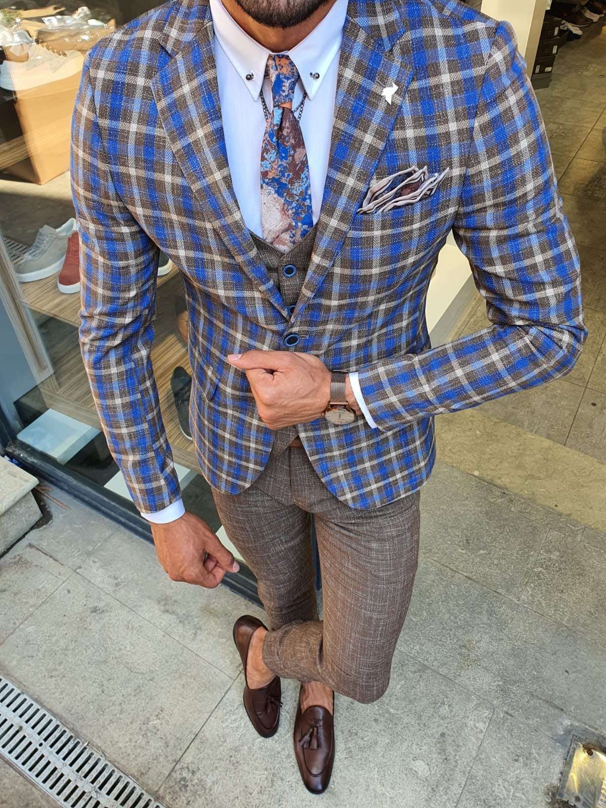 Reno Camel Slim Fit Plaid Check Suit – BRABION