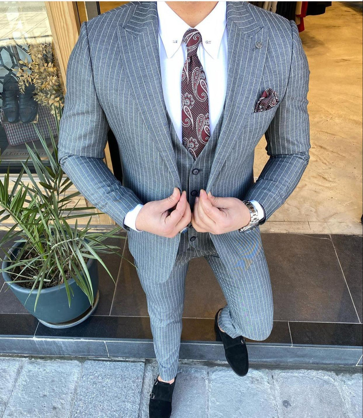 Bonomi Gray Stripped Slim-Fit Suit – BRABION