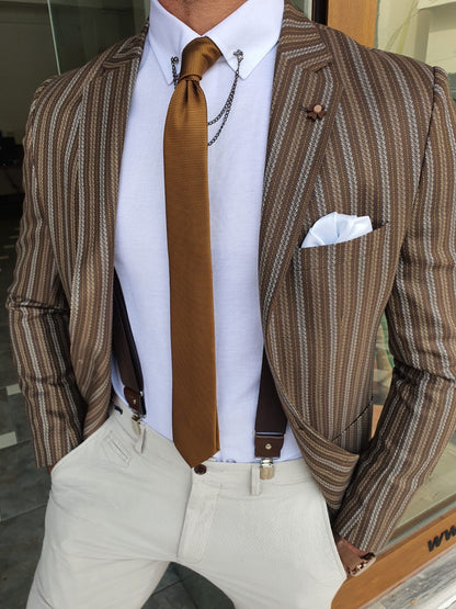 Montreal Brown Slim Fit Striped Blazer