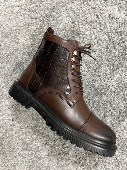 Lenzi Special Edition Zippered Croc Theme Leather Brown Boots