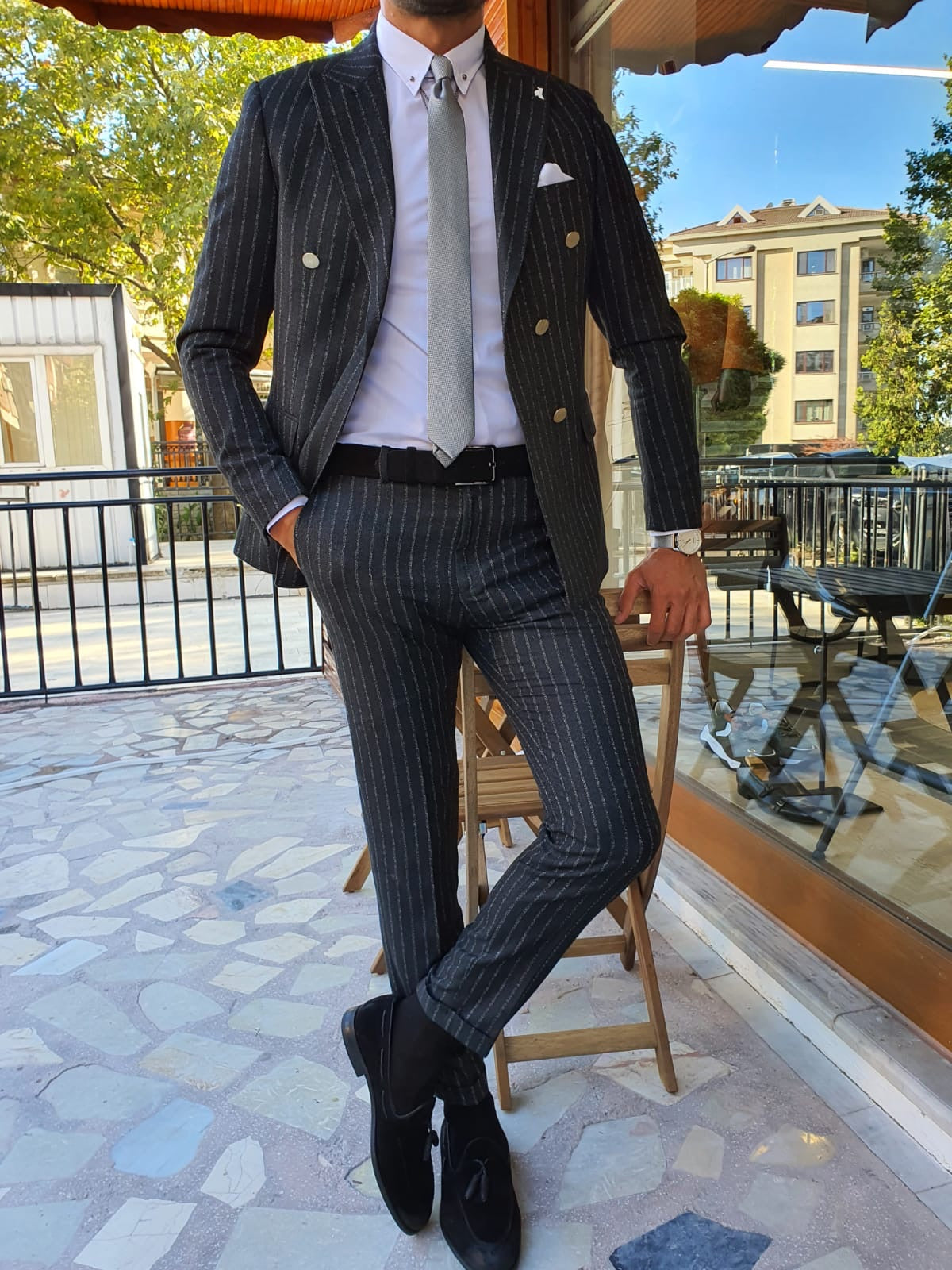Edmond Black Slim Fit Pinstripe Double Breasted Suit