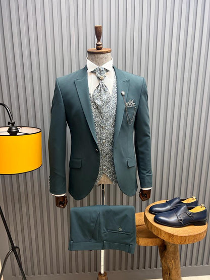 Sorento Green Slim Fit Floral Peak Lapel Groom Suit