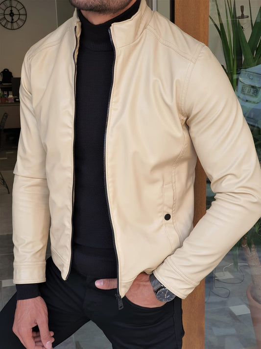 Stefano Beige Slim Fit Leather Coat