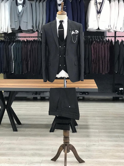 London Black Slim Fit Pinstripe Suit