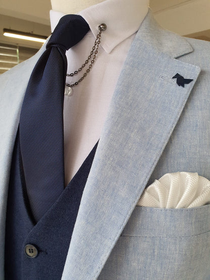 Berton Blue Slim Fit Notch Lapel Linen Suit