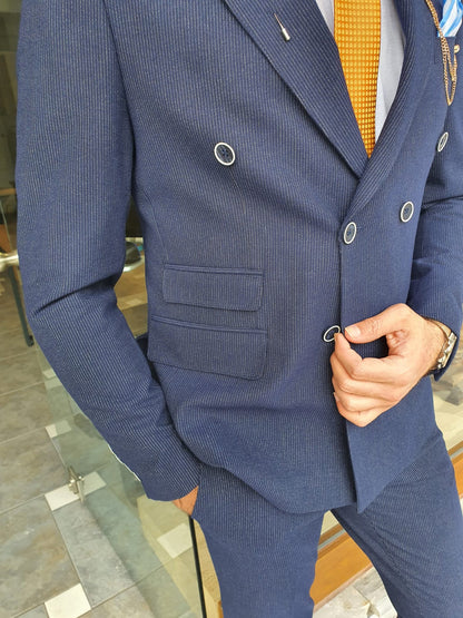 Viena Navy Blue Slim Fit Double Breasted Pinstripe Wool Suit