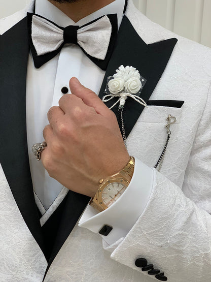 Caesar White Slim Fit Peak Lapel Floral Patterned Tuxedo