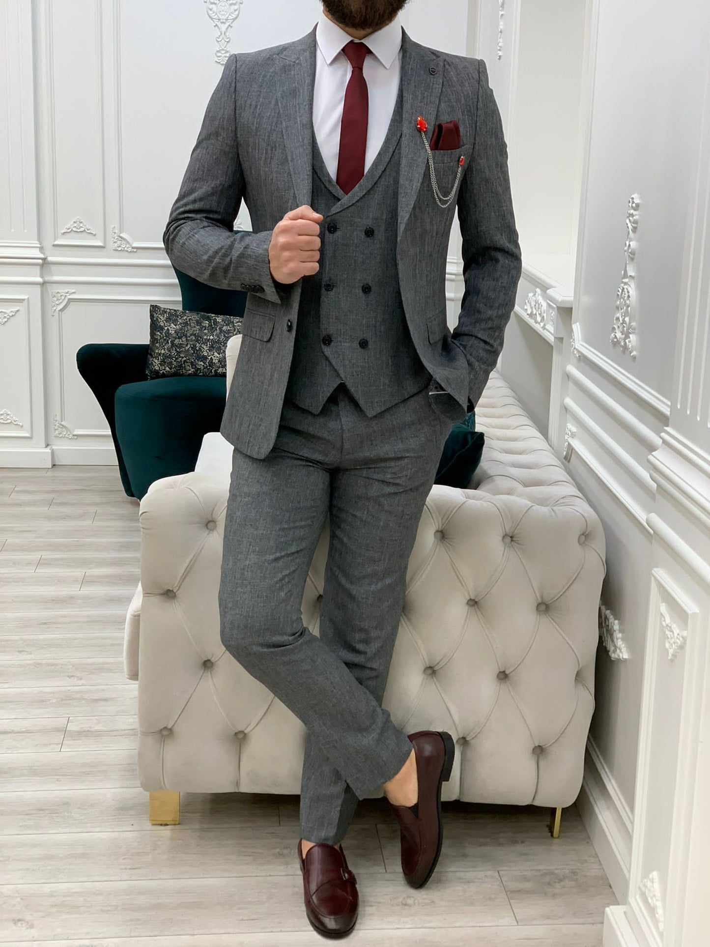 Bergen Dark Gray Slim Fit Peak Lapel Crosshatch Suit