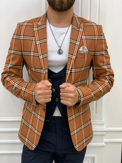 Florian Cinnamon Brown Slim Fit Peak Lapel Plaid Suit