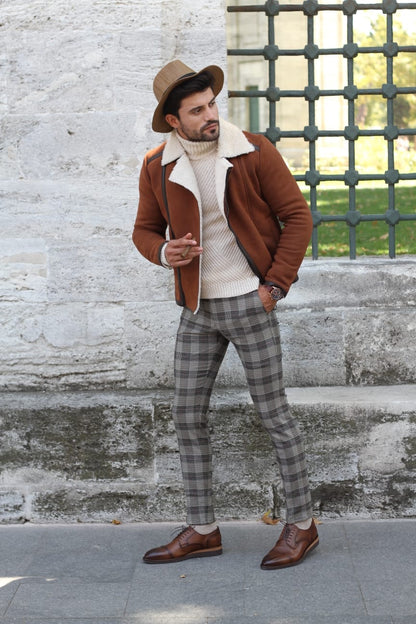 Adena Camel Slim Fit Plaid Pants