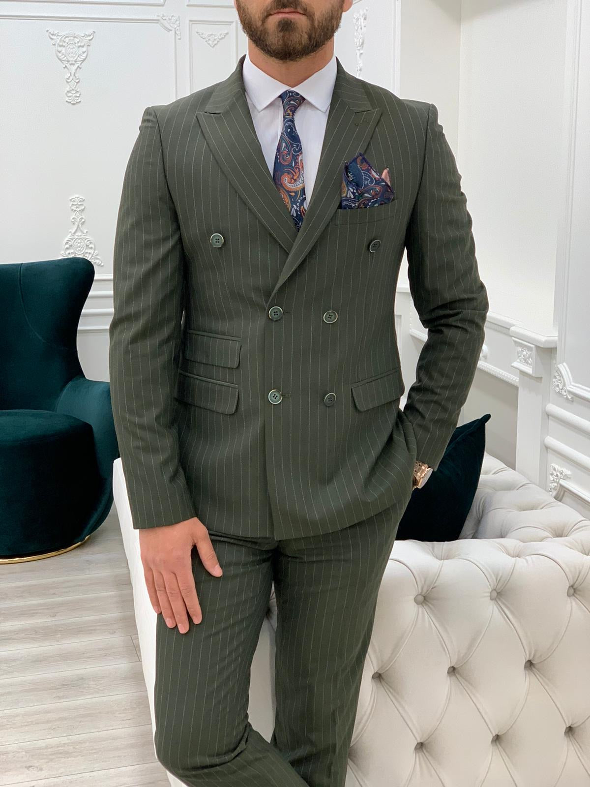 Milano Green Slim Fit Double Breasted Pinstripe Suit