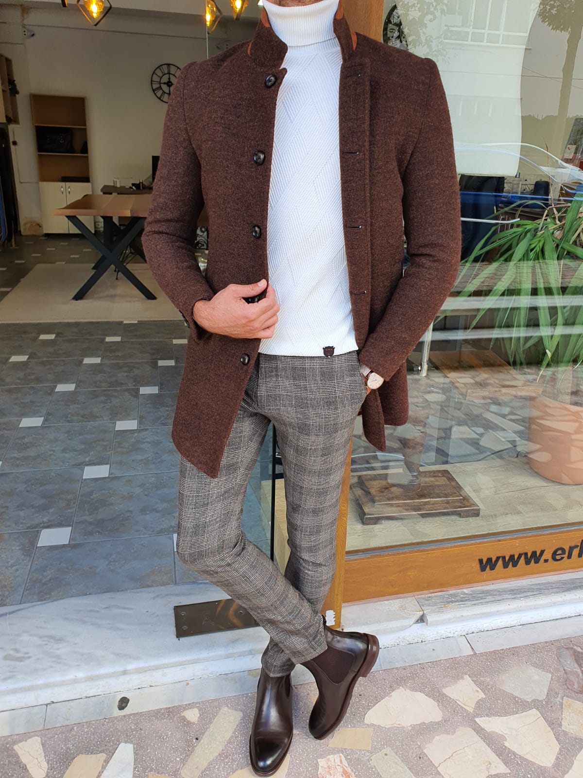 Eros Brown Slim Fit Wool Long Coat