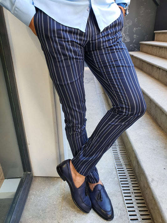 Sparks Navy Blue Slim Fit Striped Pants