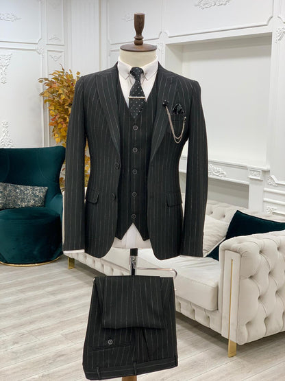 Lagos Black Slim Fit Peak Lapel Pinstripe Suit