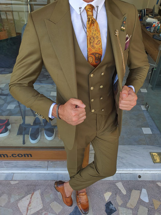 Boston Khaki Slim Fit Peak Lapel Wool Suit