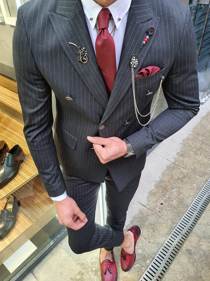 Olympia Black Slim Fit Double Breasted Pinstripe Suit