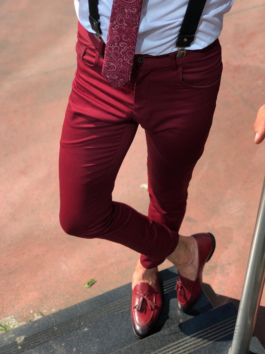Claret Red Slim-fit Cotton Pants