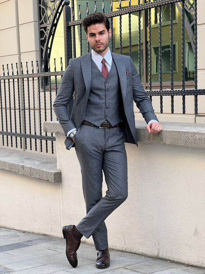 Edmond Smoked Slim Fit Peak Lapel Plaid Wool Suit