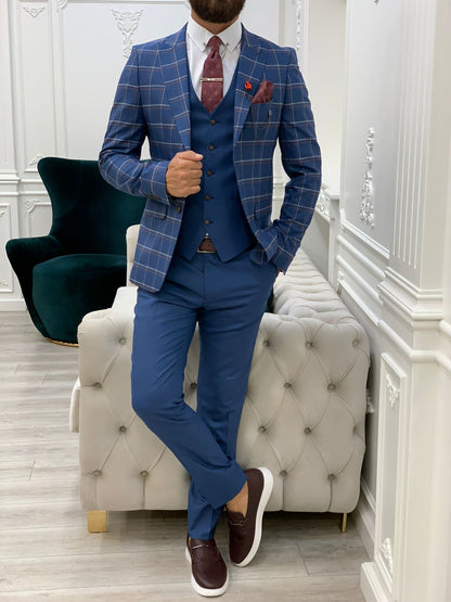 Olympia Blue Slim Fit Peak Lapel Plaid Suit