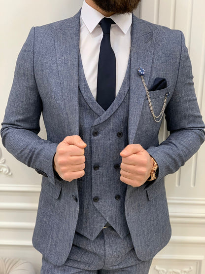 Bergen Blue Slim Fit Peak Lapel Crosshatch Suit