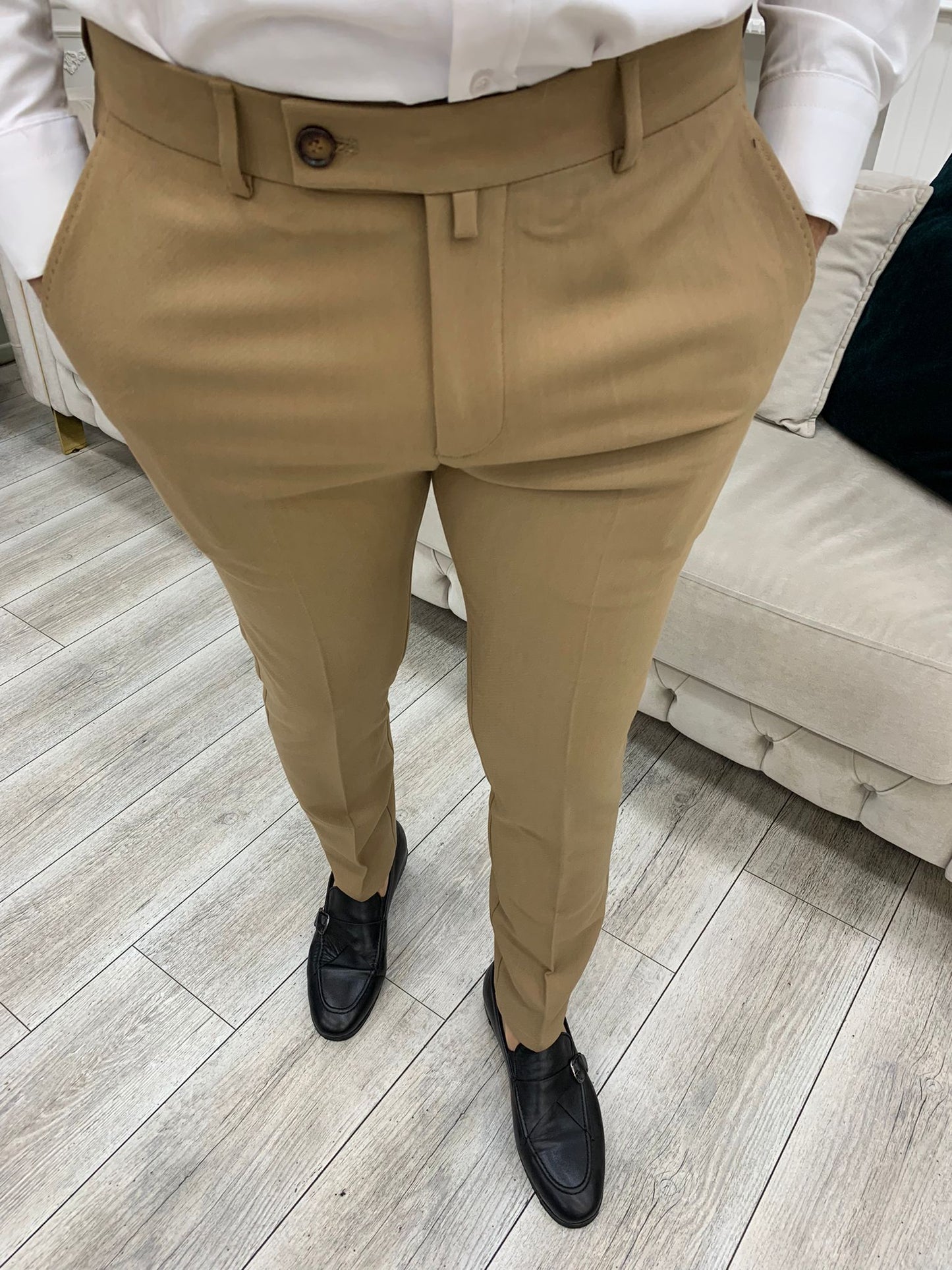 Cream Italian Style Slim Fit Trousers