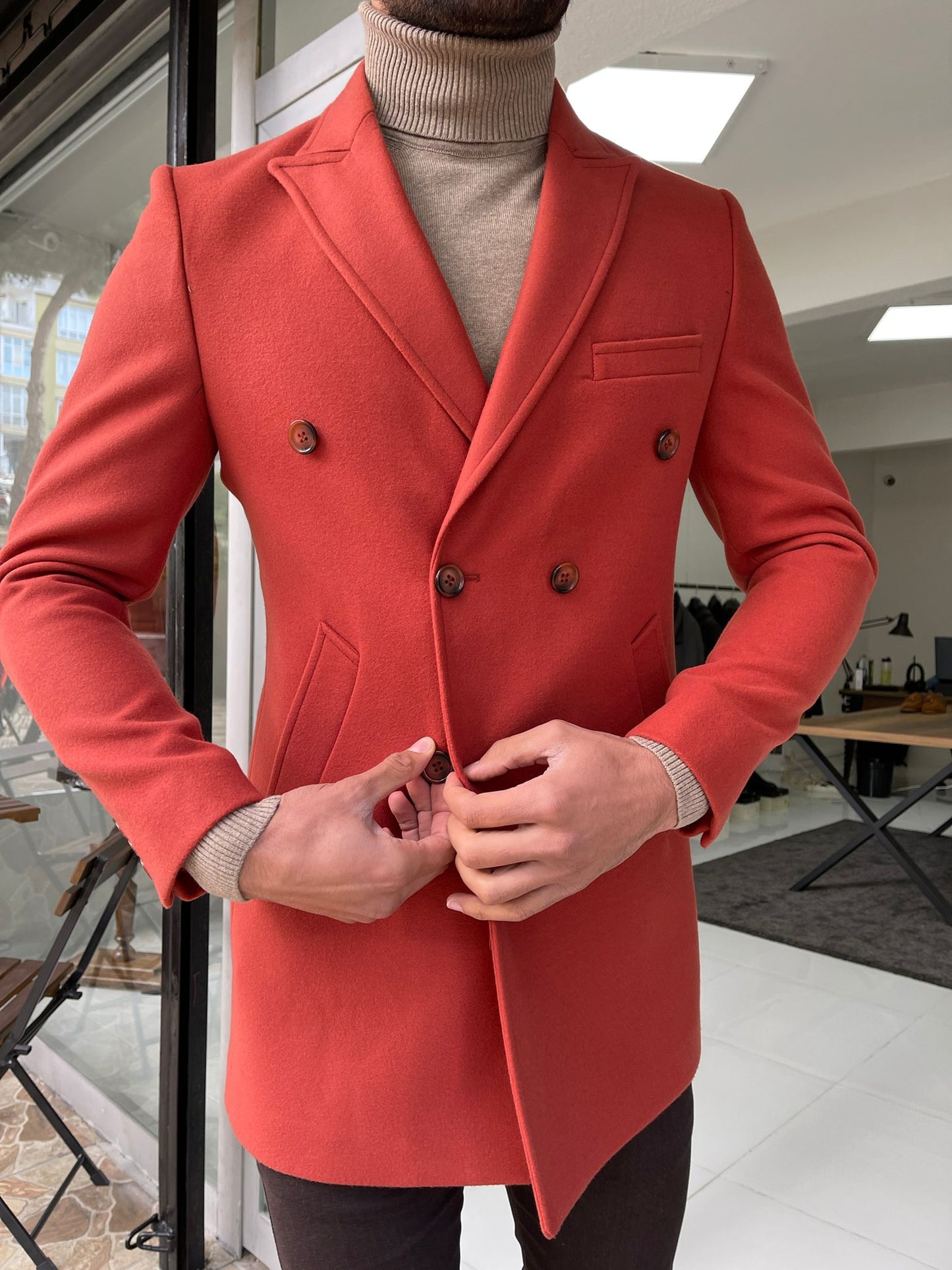 Viena Tile Slim Fit Double Breasted Wool Long Coat