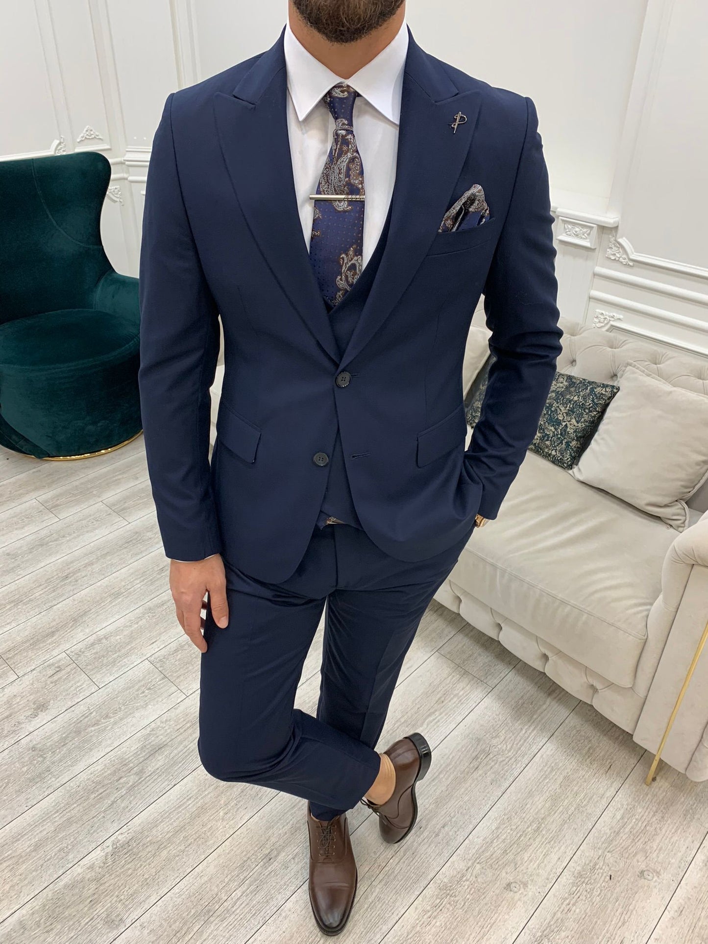 Amato Navy Blue Slim Fit Peak Lapel Suit