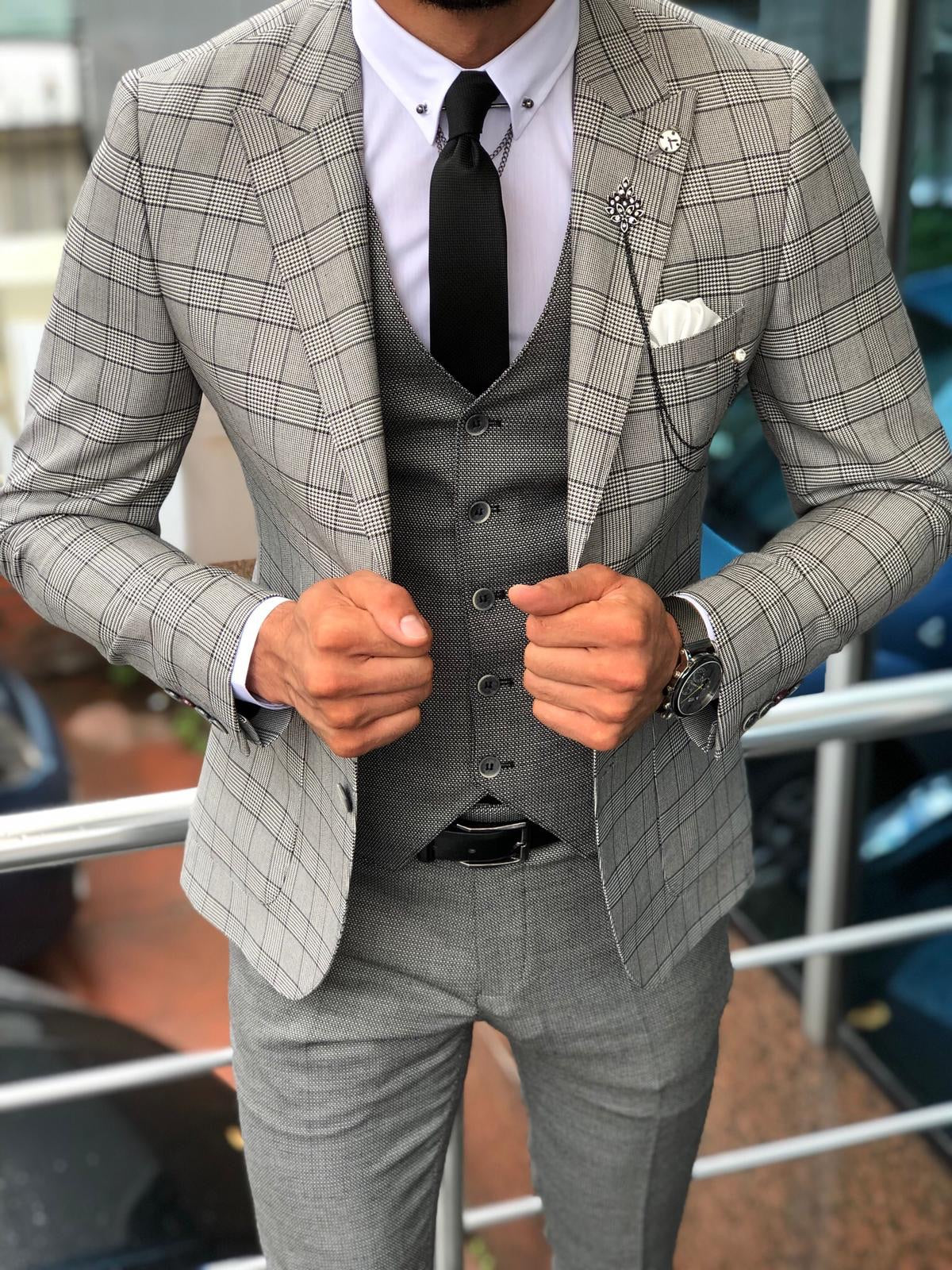 Austin Gray Plaid Slim-Fit Suit – BRABION