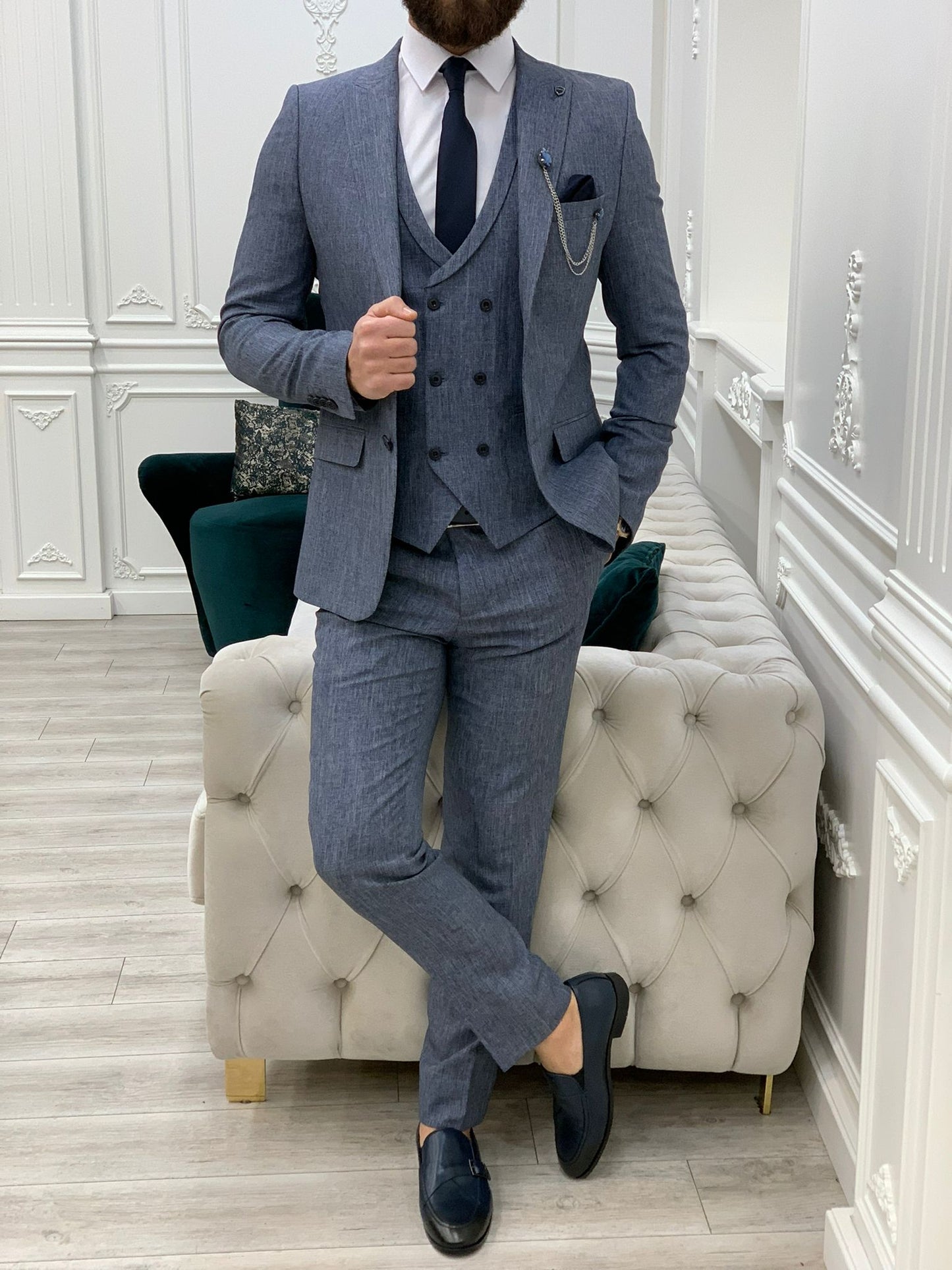 Bergen Blue Slim Fit Peak Lapel Crosshatch Suit