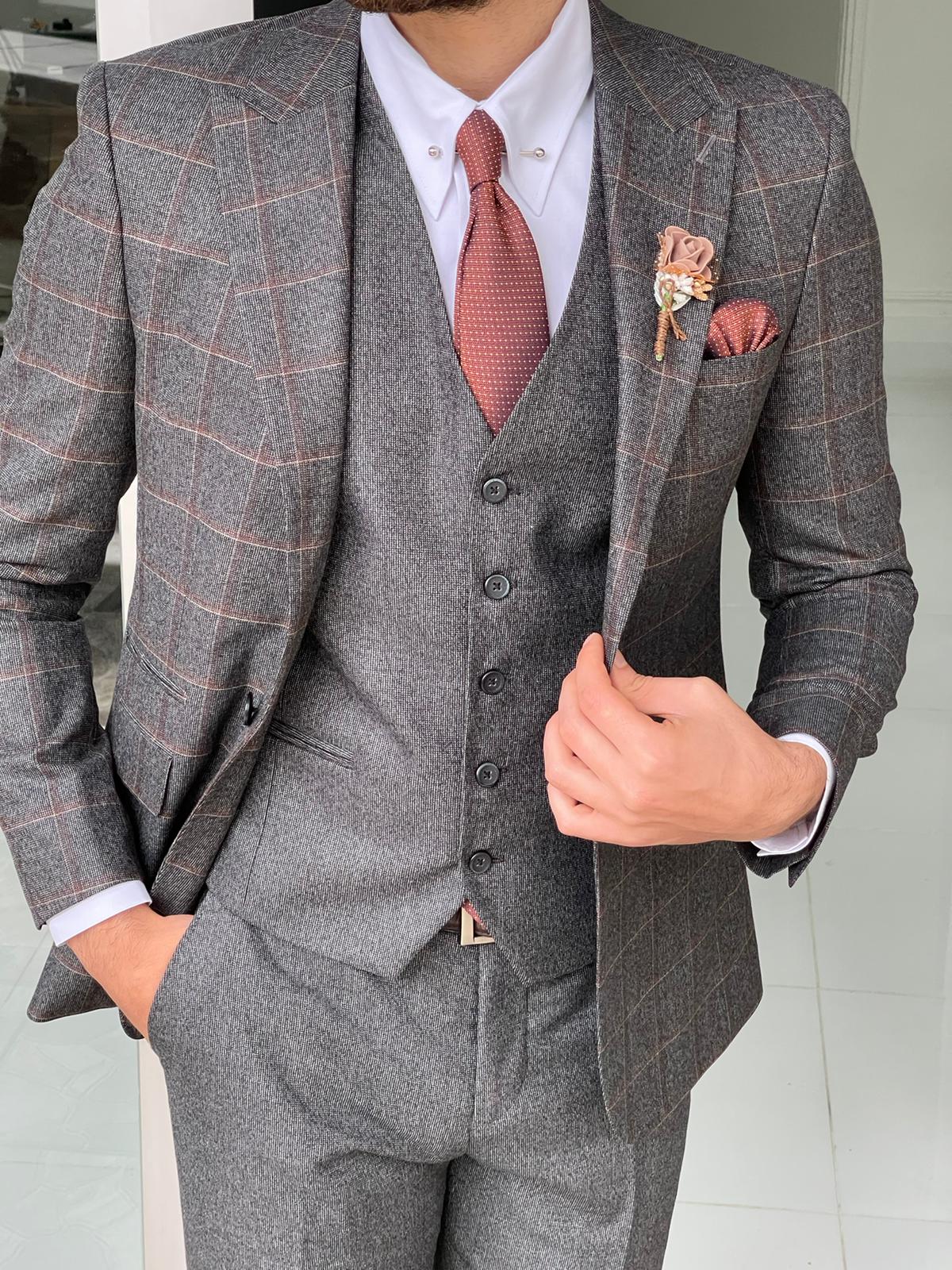 Bosco Gray Slim Fit Peak Lapel Plaid Wool Suit
