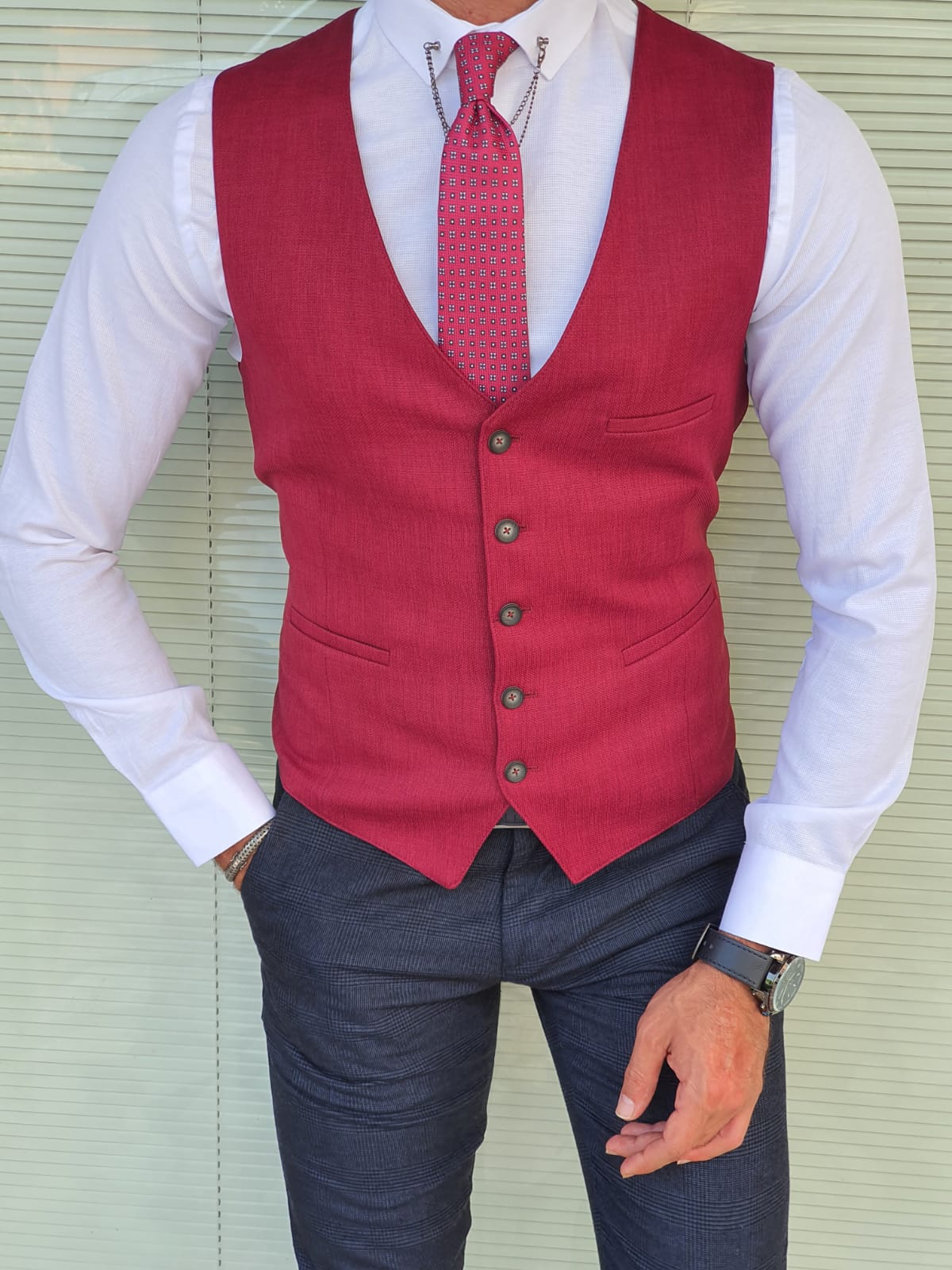 Jackson Red Slim Fit Linen Vest