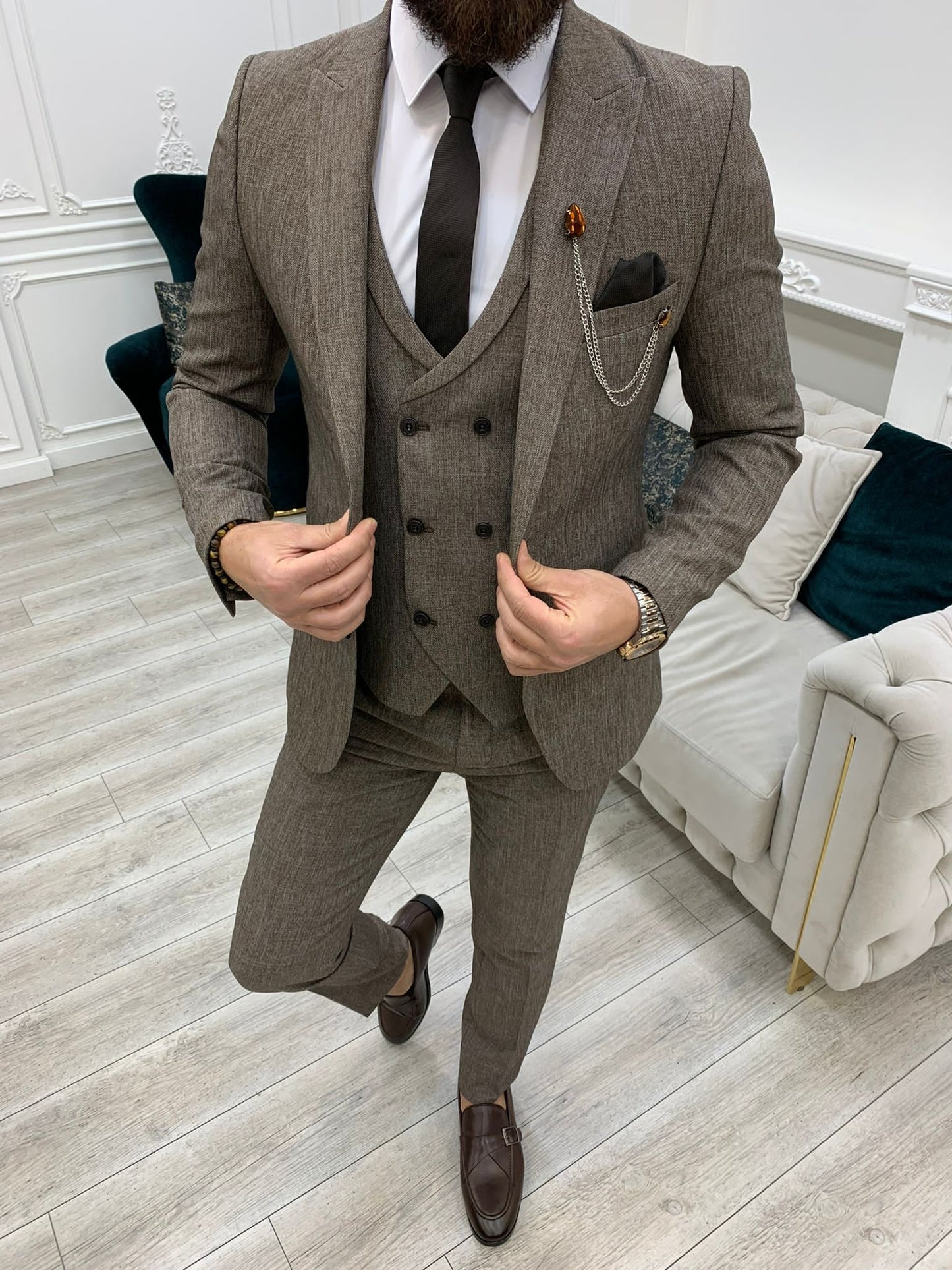 Bergen Brown Slim Fit Peak Lapel Crosshatch Suit