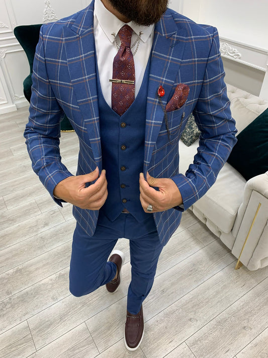 Olympia Blue Slim Fit Peak Lapel Plaid Suit