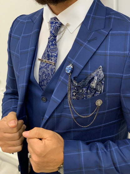 Olympia Indigo Slim Fit Peak Lapel Plaid Suit
