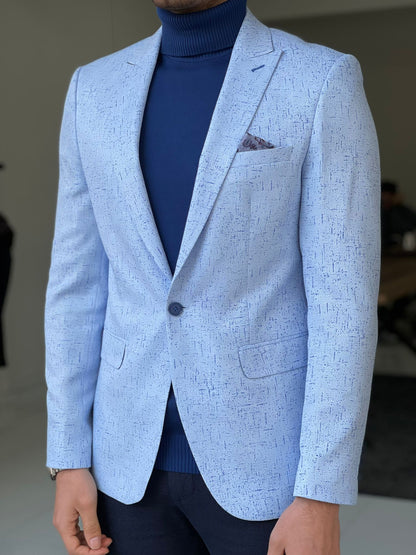 Remy Blue Slim Fit Patterned Linen Blazer