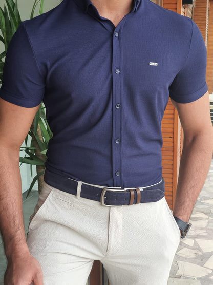 Brabion Bristol Navy Blue Slim Fit Short Sleeve Shirt