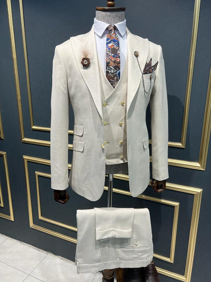 Bensen Slim Fit Double Pocket Beige Detailed Suit