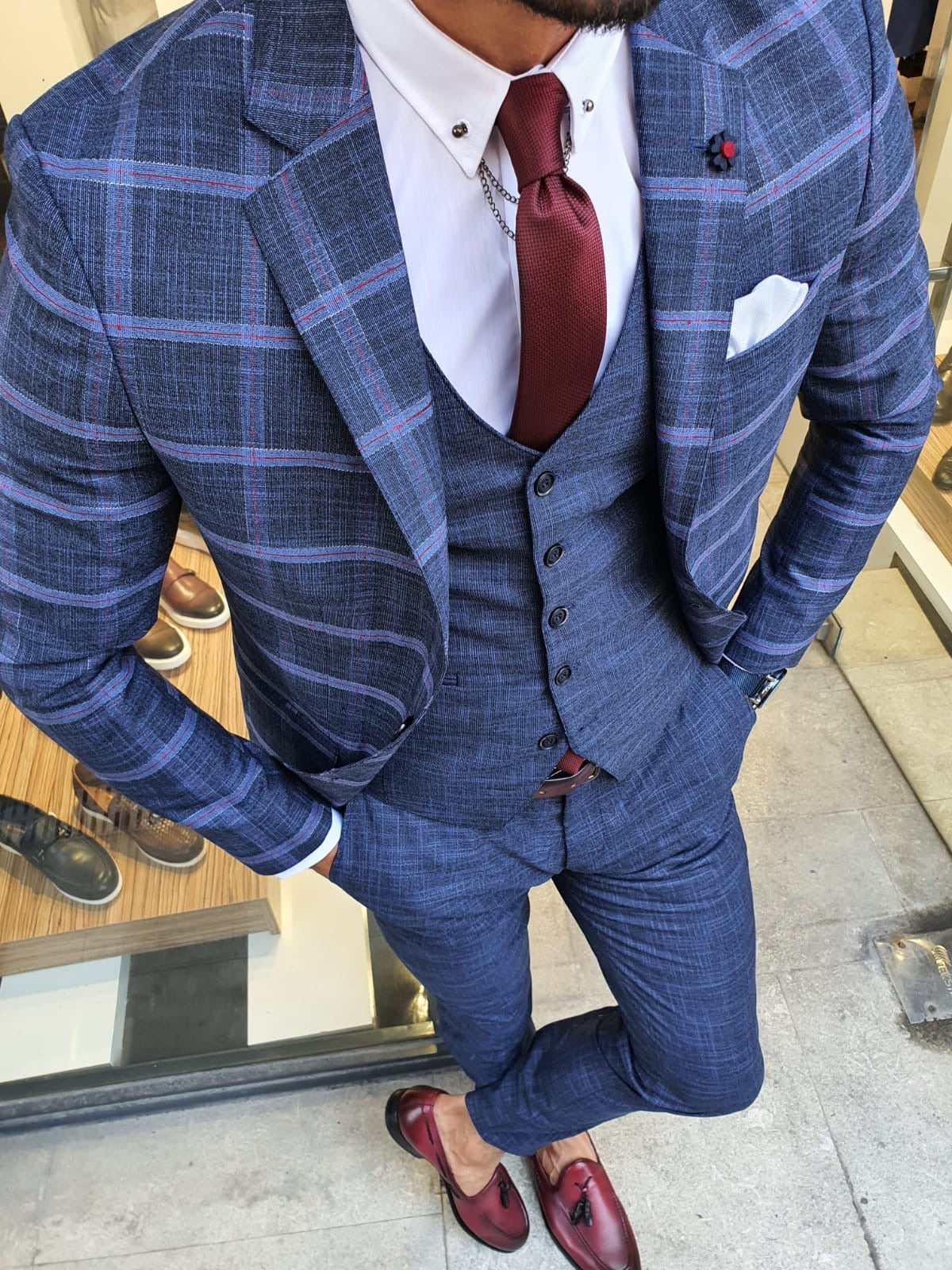 New Bern Indigo Slim Fit Check Plaid Suit