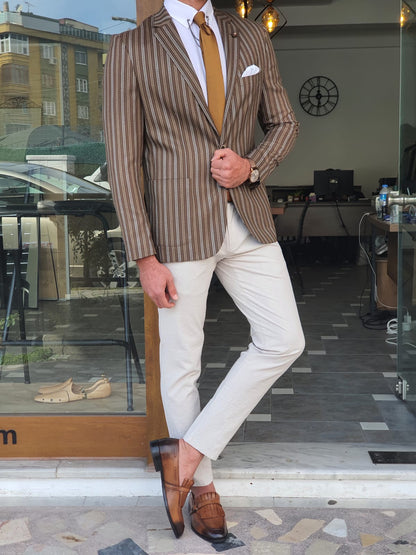 Montreal Brown Slim Fit Striped Blazer