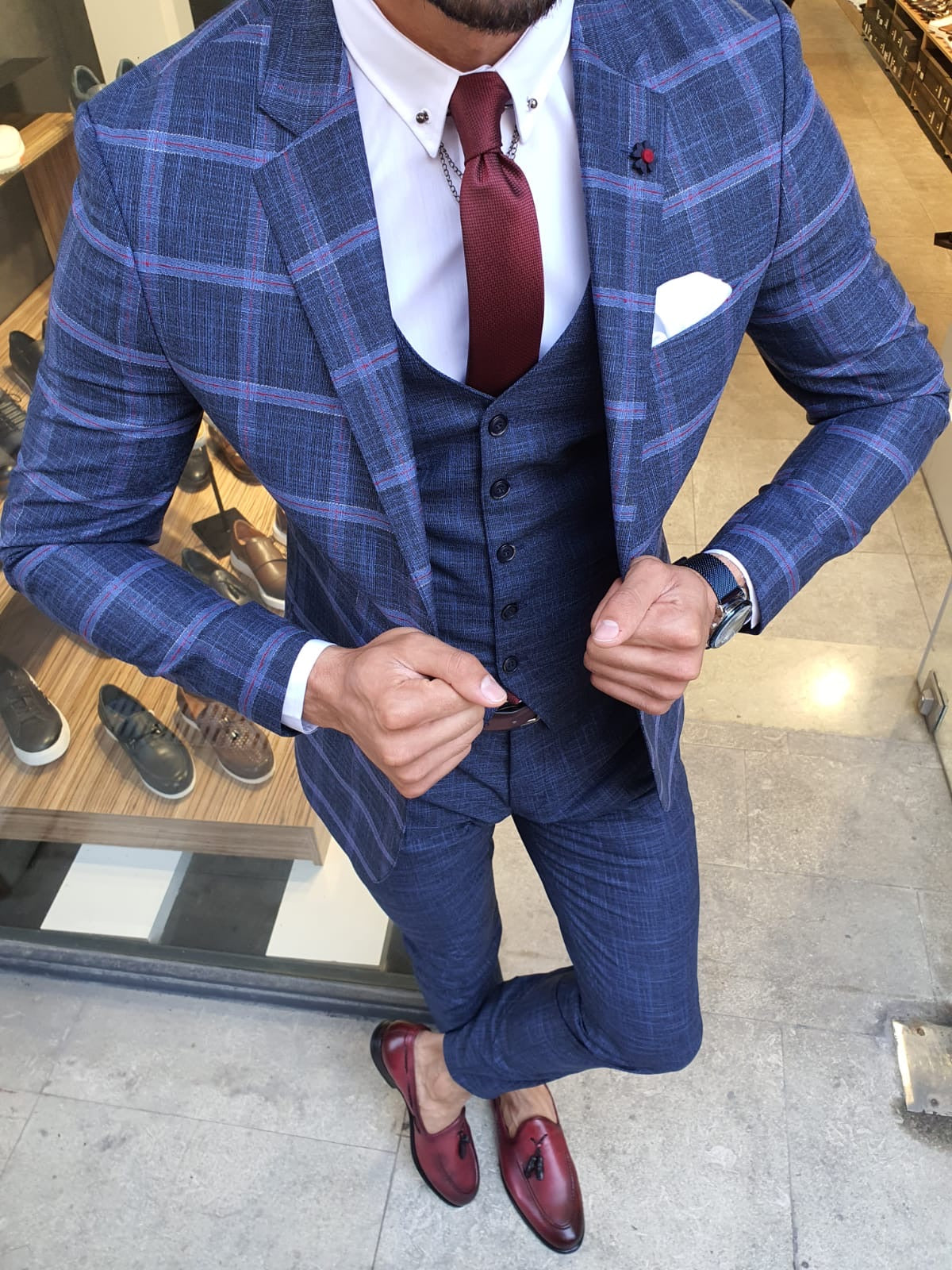 New Bern Indigo Slim Fit Check Plaid Suit