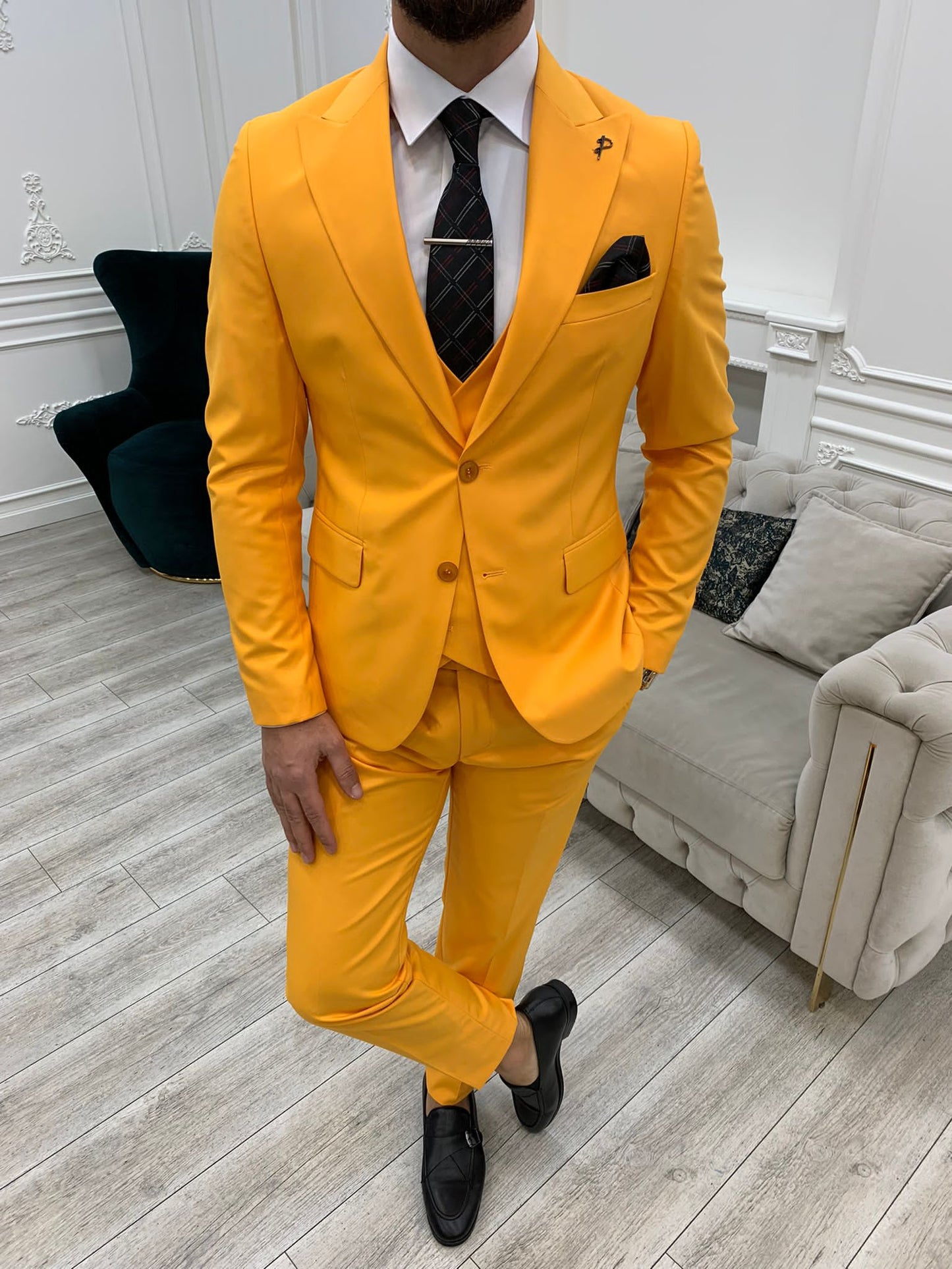 Amato Yellow Slim Fit Peak Lapel Suit