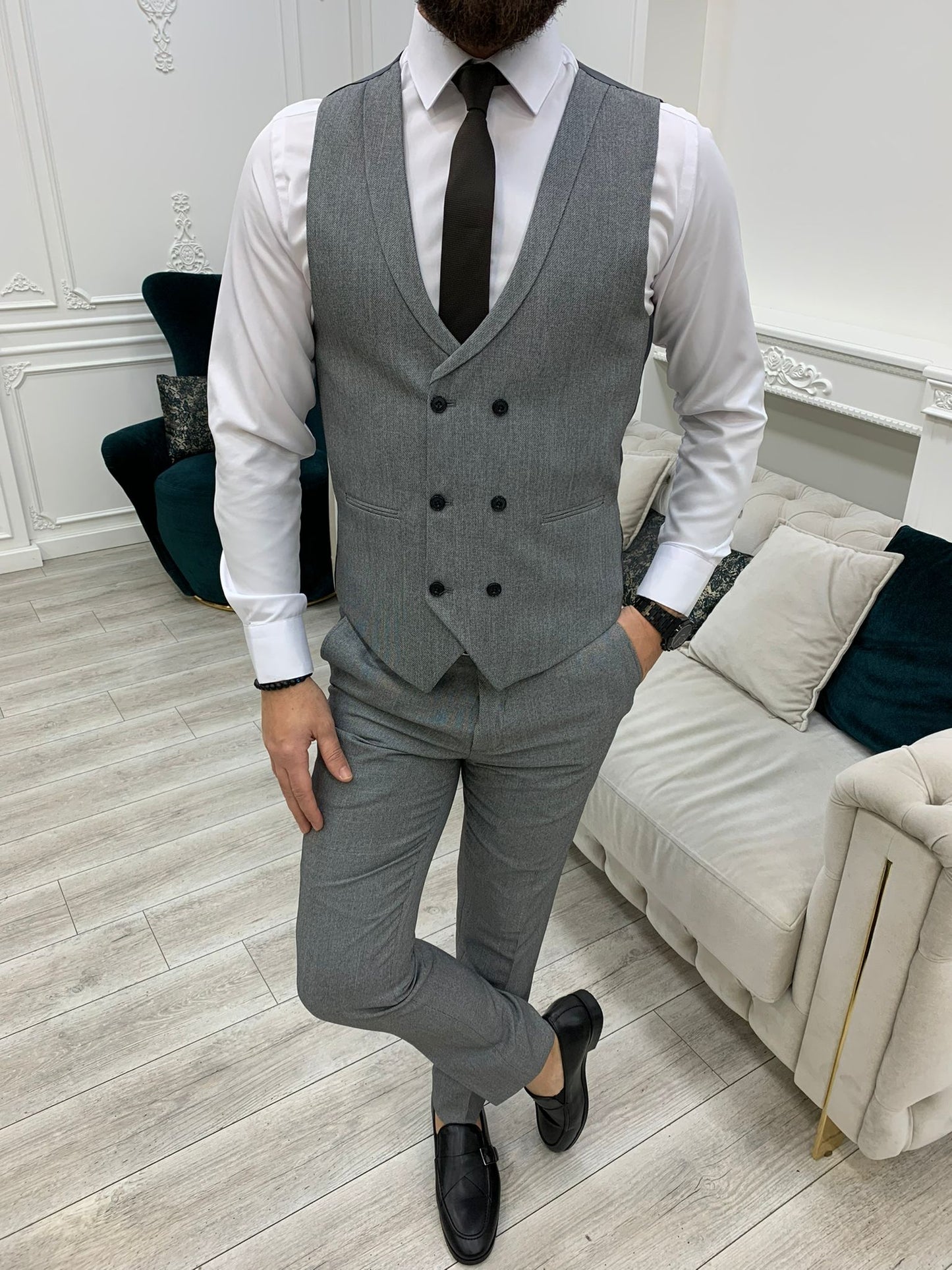 Bergen Gray Slim Fit Peak Lapel Crosshatch Suit