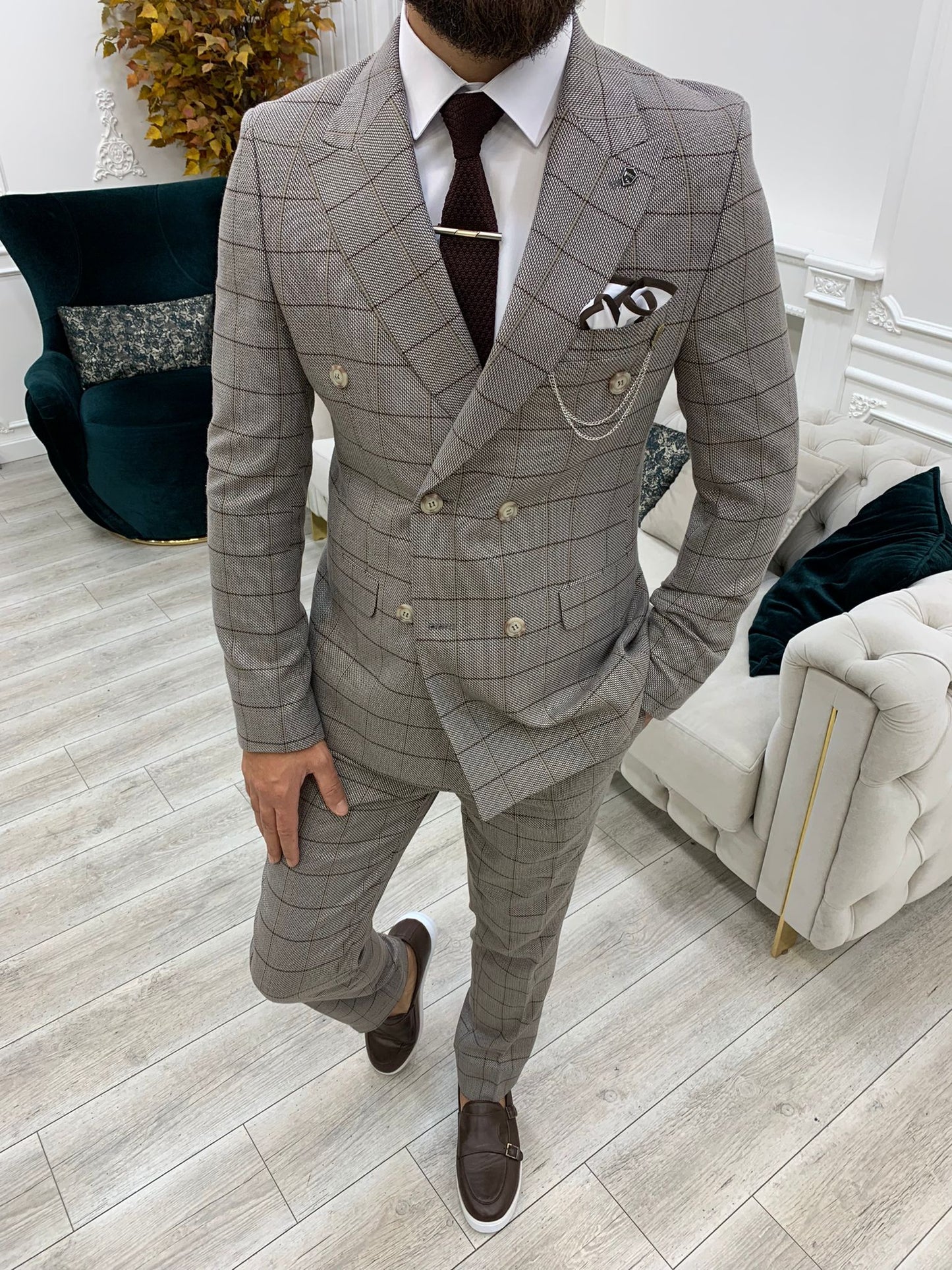 Rosario Light Brown Slim Fit Double Breasted Plaid Suit