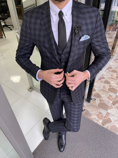 Tallin Black Slim Fit Notch Lapel Plaid Wool Suit