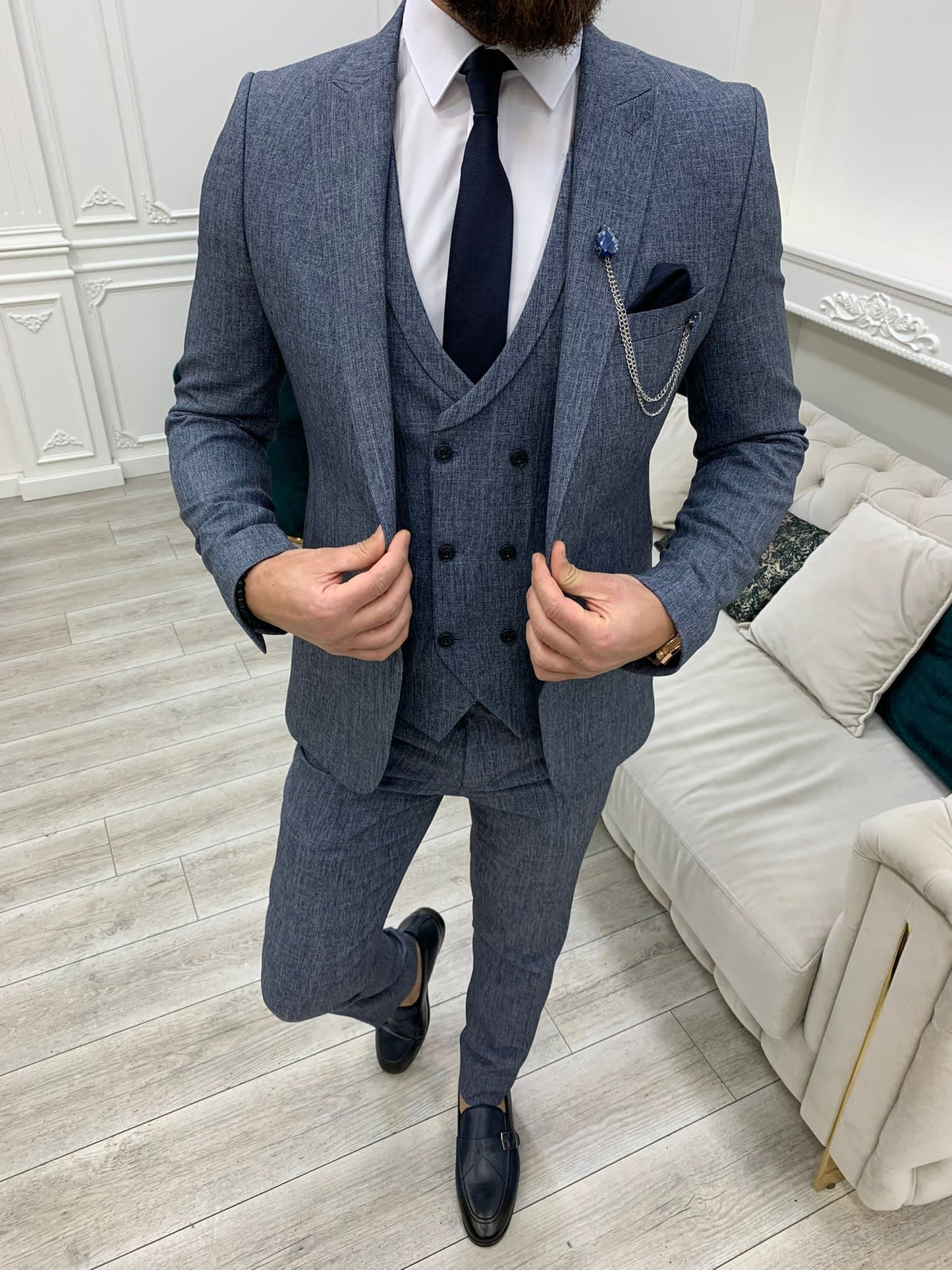 Bergen Blue Slim Fit Peak Lapel Crosshatch Suit