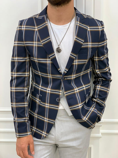 Florian Navy Blue Slim Fit Peak Lapel Plaid Suit