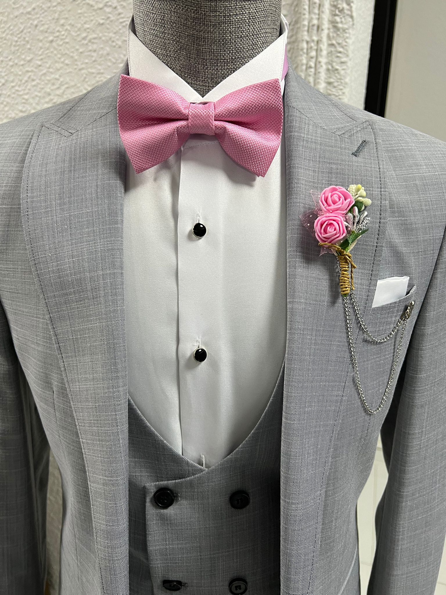 Grey tux pink hot sale bow tie