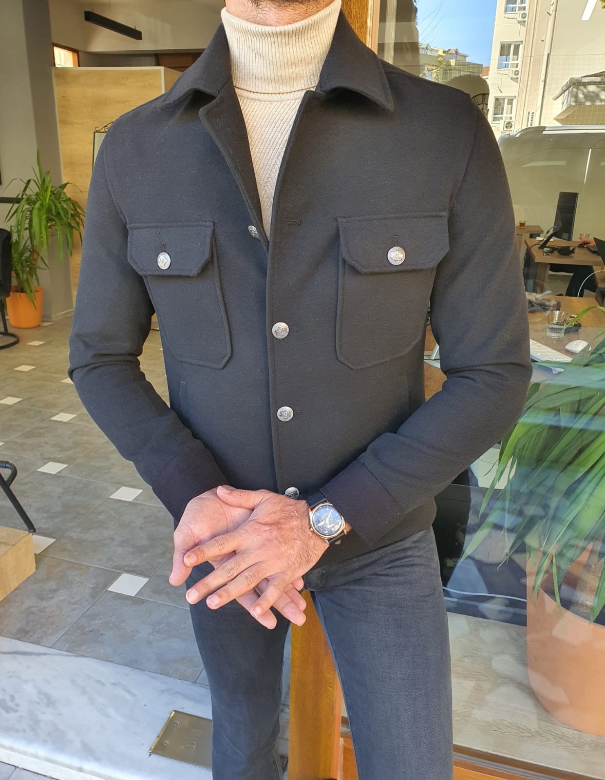 Eros Black Slim Fit Single Breasted Coat